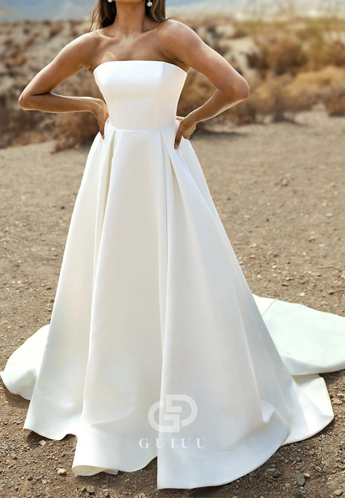Simple A-Line Strapless Sleeveless Sweep Train Wedding Dress