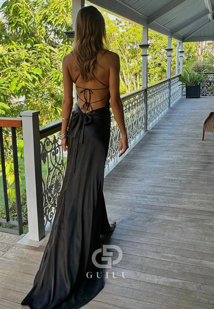 Simple A Line Spaghetti Straps Black Long Prom Dress