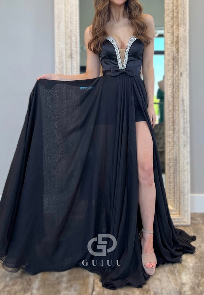 Simple Black Strapless Sleeveless Slit Sequins Prom Dress