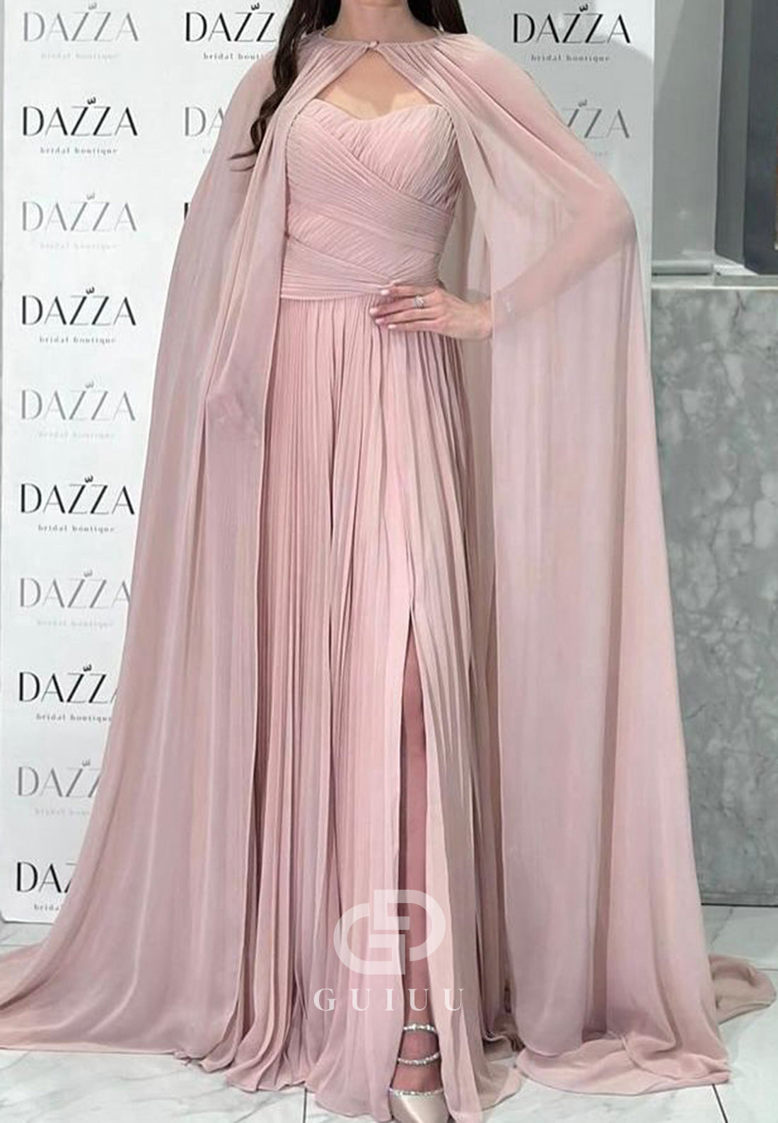 Simple Cape Scoop Corset Ruched Chiffon Evening Dress