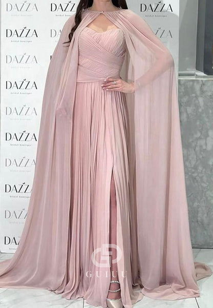 Simple Cape Scoop Corset Ruched Chiffon Evening Dress