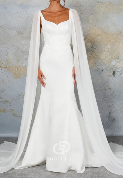 Simple Cape Scoop Mermaid Satin Wedding Dress
