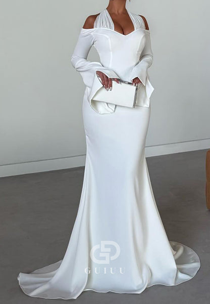 Simple Halter Long Sleeves Corset Lace-UP Back Wedding Dress