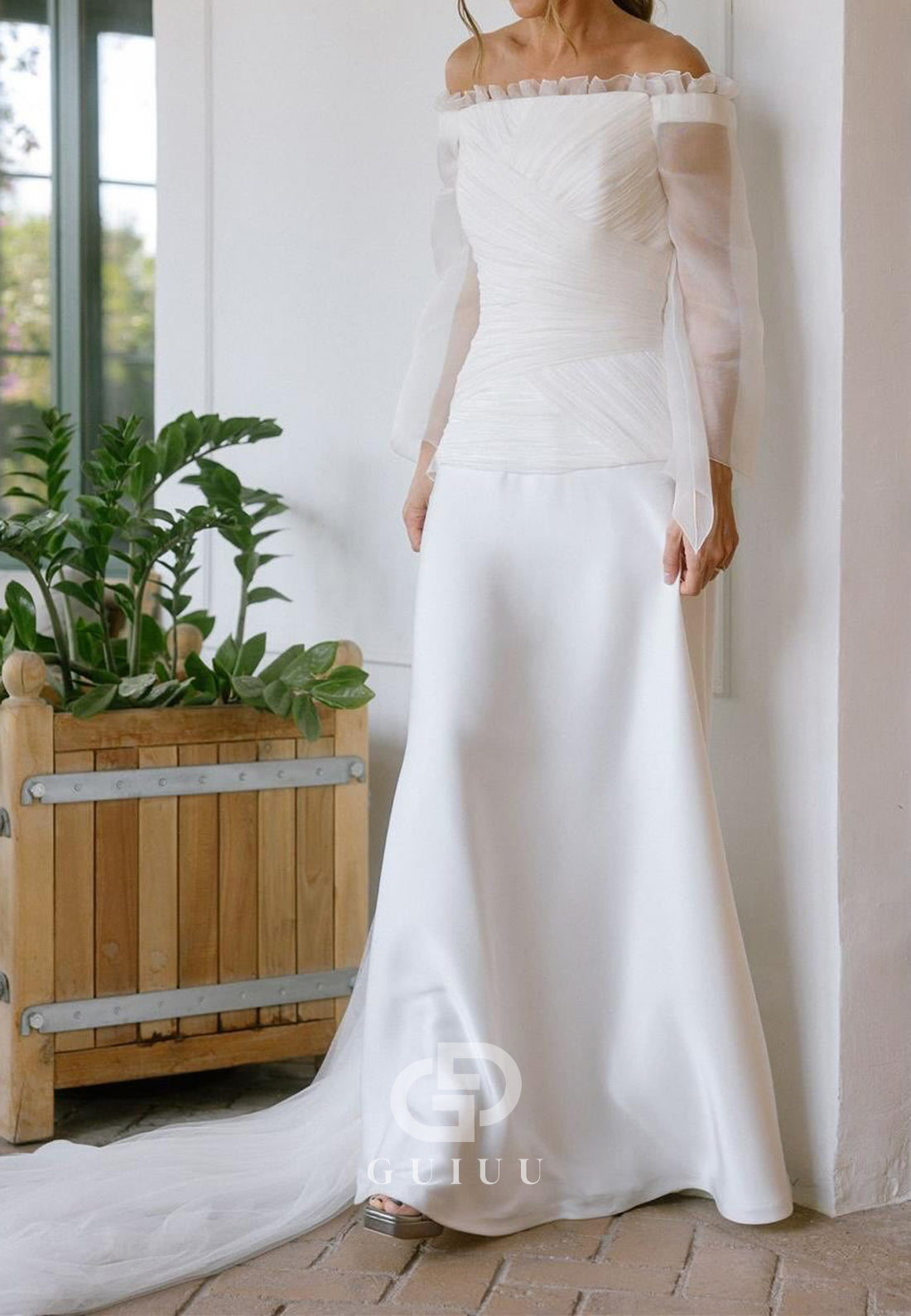 Simple Long Sleeves Off-Shoulder A-Line Sweep Train Wedding Dress