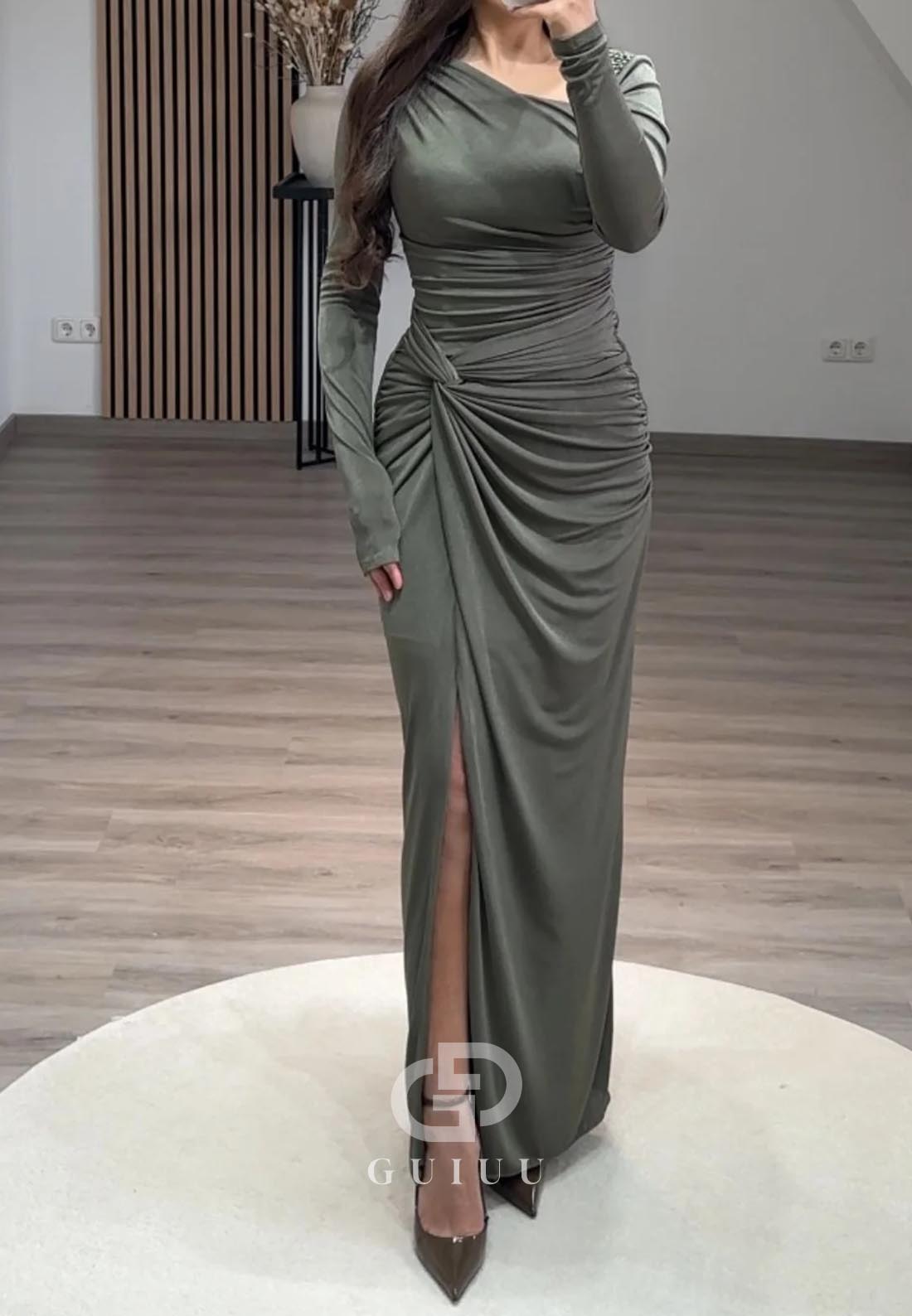 Simple Sheath Long Sleeves Ruched Slit Evening Dress