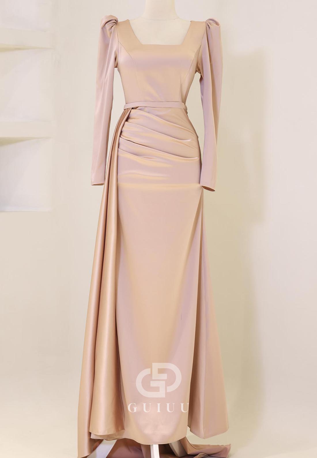 Simple Long Sleeves Square Ruched Floor-Length Evening Dress
