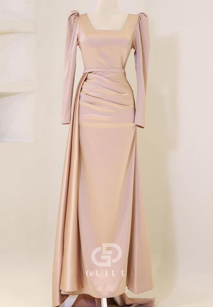 Simple Long Sleeves Square Ruched Floor-Length Evening Dress