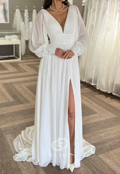 Simple Long Sleeves V-Neck Slit Chiffon Wedding Dress