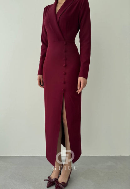 Simple Long Sleeves V-Neck Slit Work Dress
