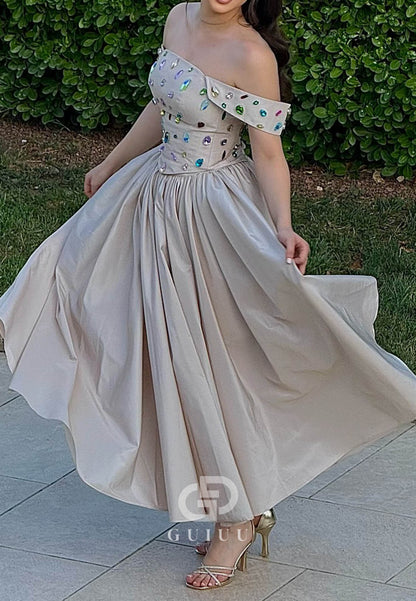 Simple Off-Shoulder Sleeveless Beads A-Line Prom Dress
