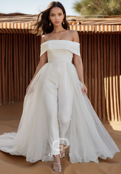 Simple Off-Shoulder Sleeveless White Pants Satin Wedding Dress