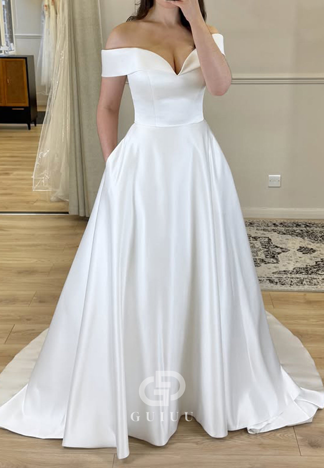 Simple Off-Shoulder Sweetheart Sweep Train Satin Wedding Dress