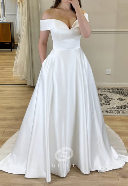 Simple Off-Shoulder Sweetheart Sweep Train Satin Wedding Dress