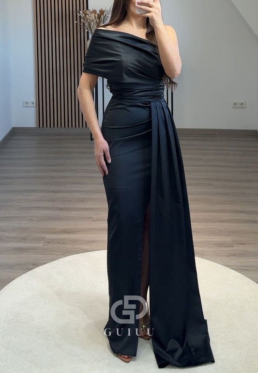Simple One Shoulder Sleeveless Prom Dress with Pleats Slit Evening Party Dress
