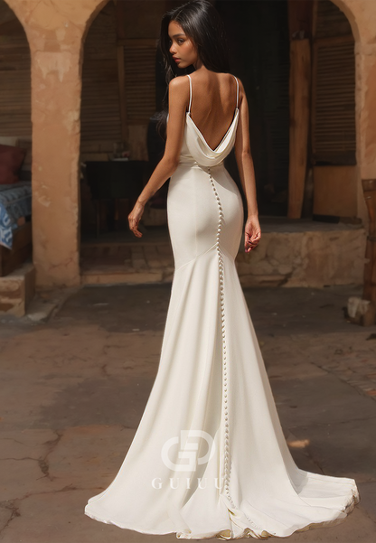Simple Pleated Mermaid Open Back Wedding Dress with Spaghetti Straps