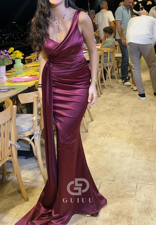 Simple Raspberry Spaghetti Straps Ruched Sheath Evening Dress