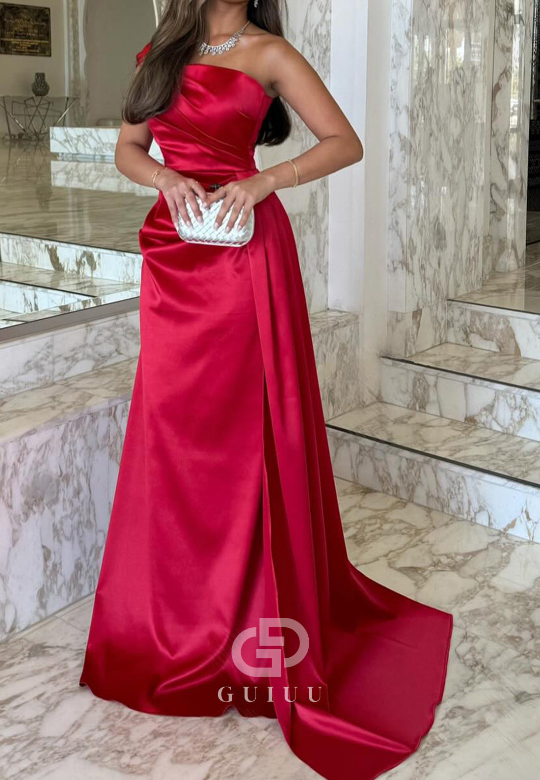 Simple Red One Shoulder Sleeveless Ruched Satin Prom Dress