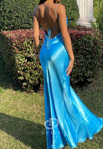 Simple Sheath Spaghetti Straps Blue Satin Long Prom Dress