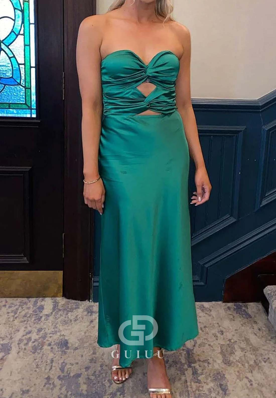 Simple Sheath Sweetheart Blue Long Ruched Prom Party Dress