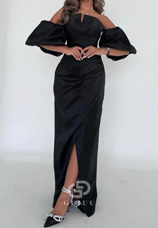 Simple Short Sleeves Off-Shoulder Slit Evening Dress