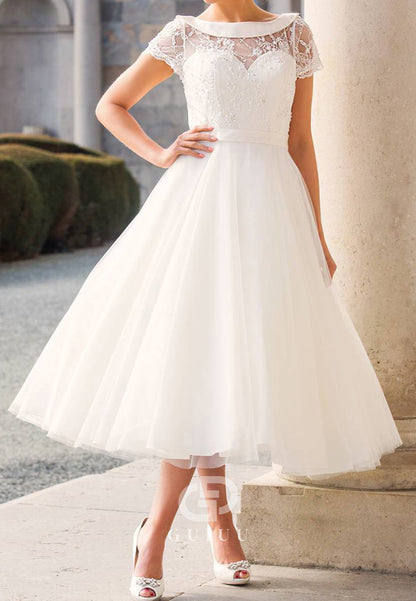 Simple Short Sleeves Scoop Empire-Waist Lace Wedding Dress