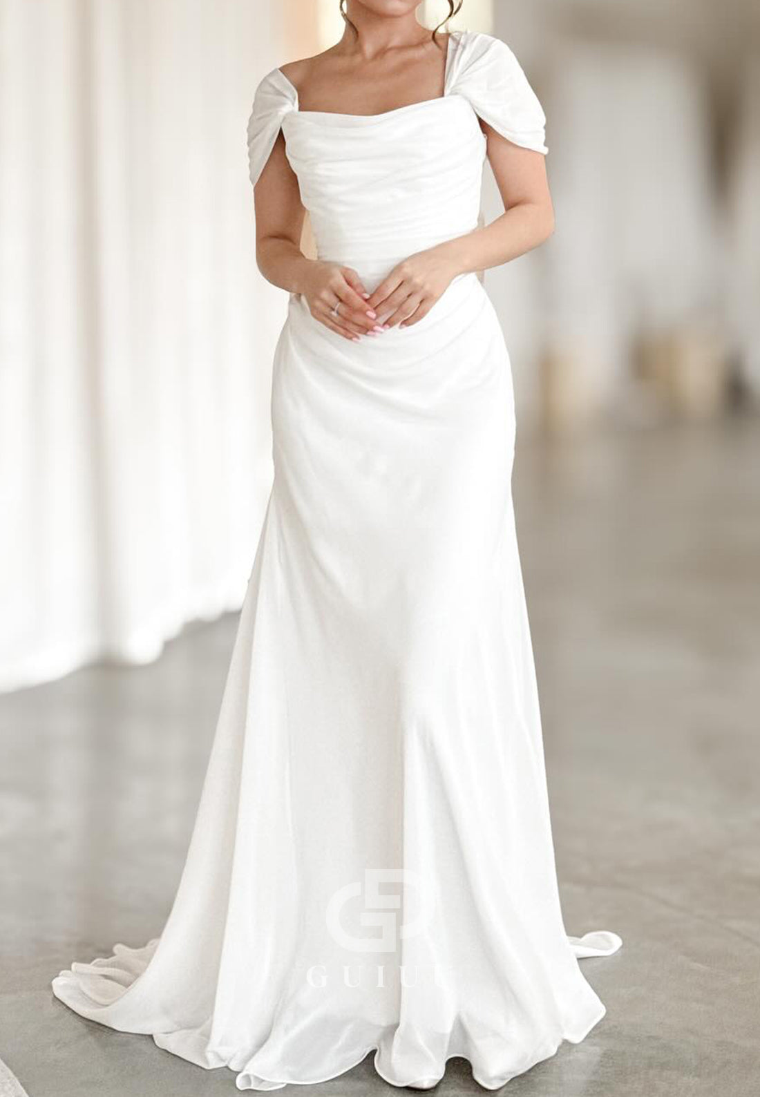 Simple Short Sleeves Square A-Line Satin Wedding Dress
