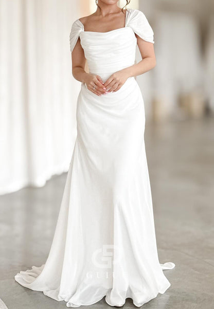 Simple Short Sleeves Square A-Line Satin Wedding Dress