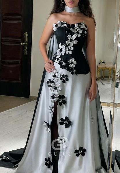 Simple Sleeveless Strapless Floral Appliques Prom Dress