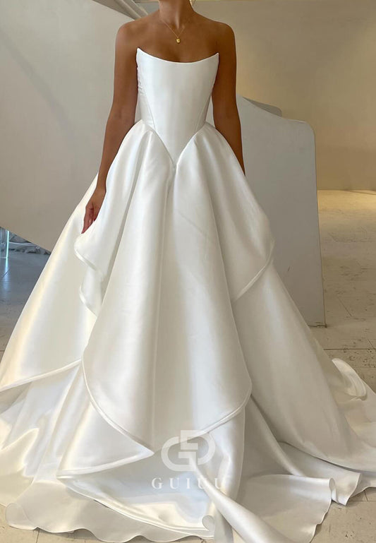 Simple Sleeveless Strapless Ruffles A-Line Wedding Dress