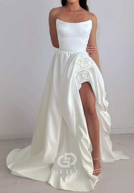 Simple Sleeveless Strapless Slit Ruched Satin Wedding Dress