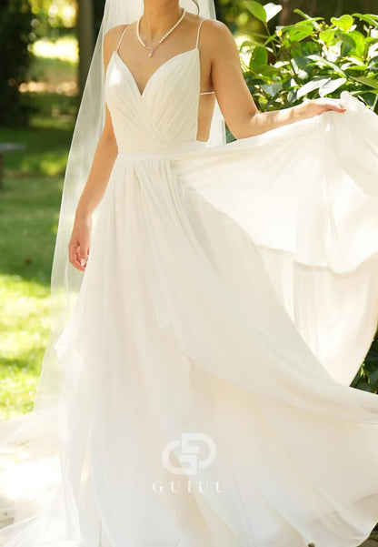 Simple Spagheeti Straps Sweetheart Slit A-Line Wedding Dress