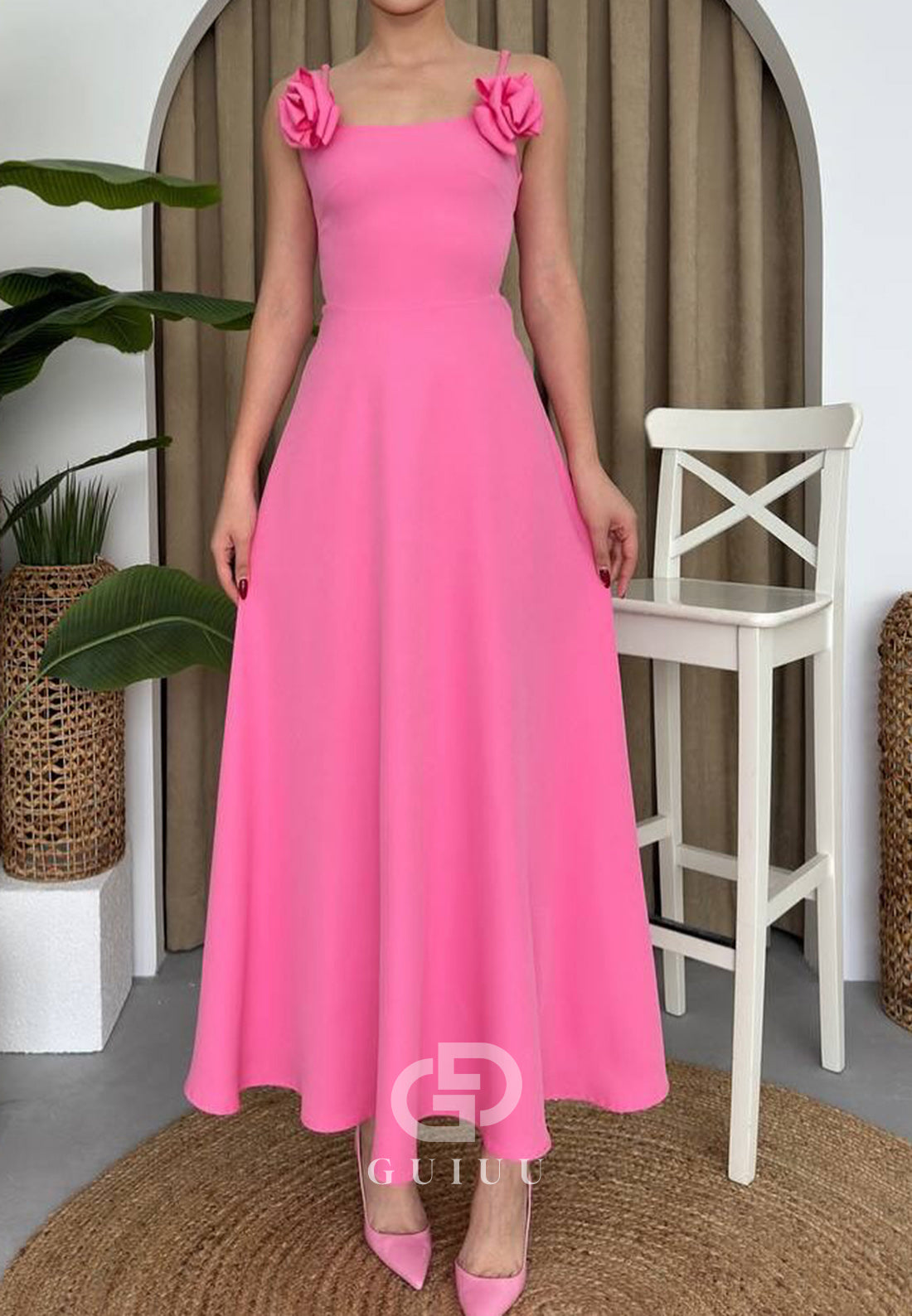 Simple Spaghetti Straps Floral Appliques Semi-Formal Dress