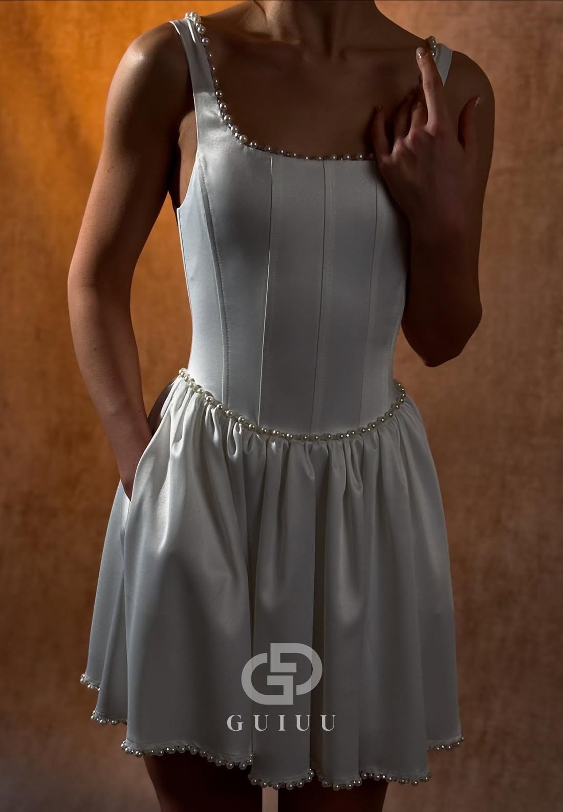 Simple Spaghetti Straps Scoop Pearls Mini Wedding Dress