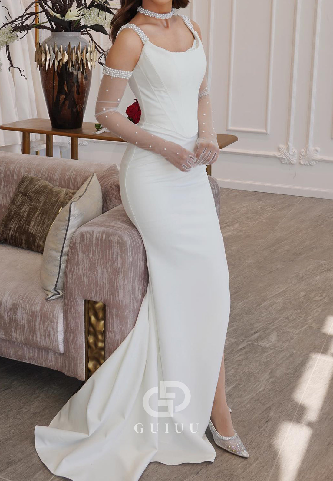 Simple Spaghetti Straps Scoop Pearls Wedding Dress