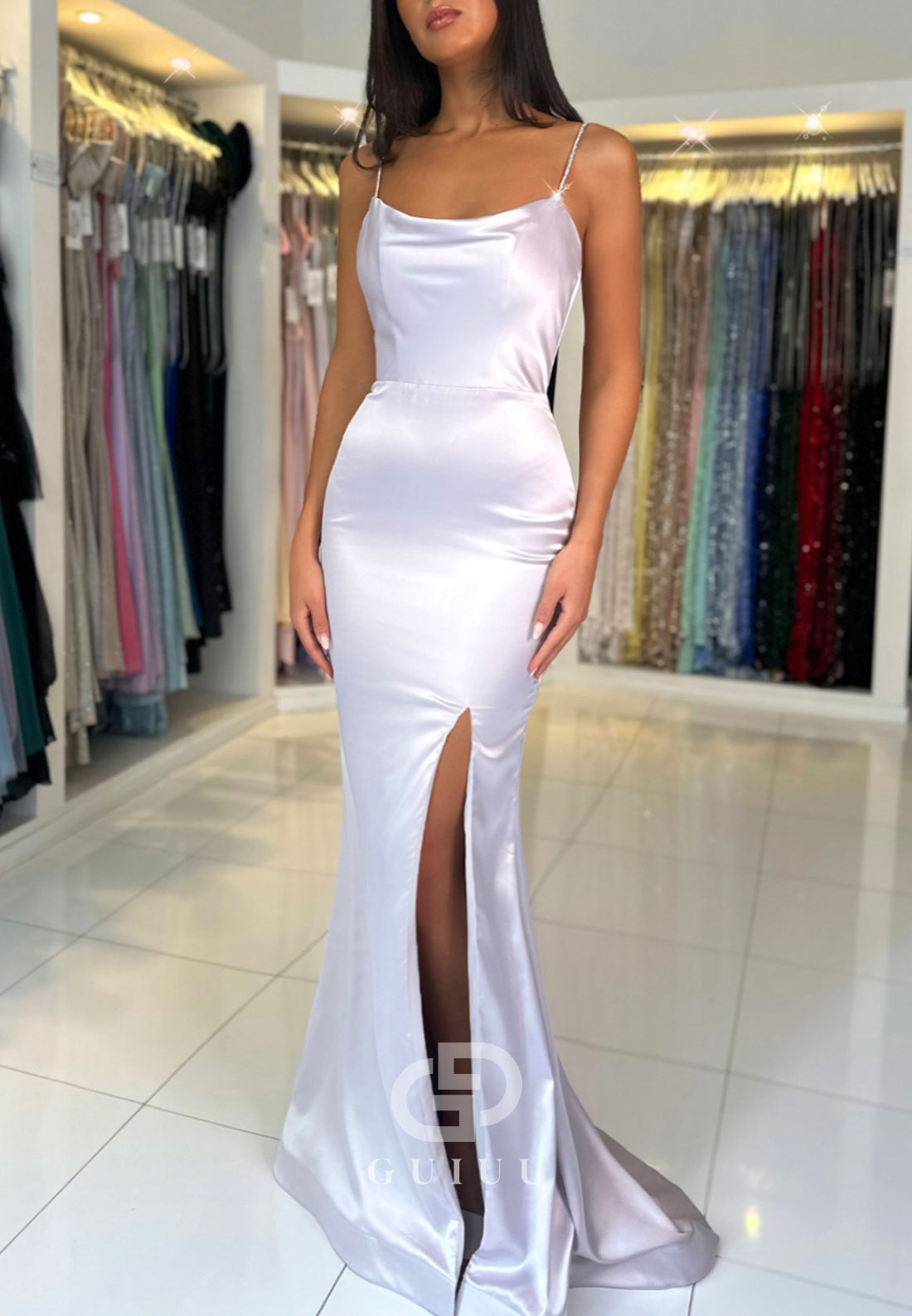 Simple Spaghetti Straps Scoop Slit Satin Prom Dress