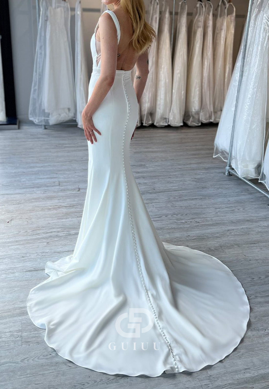 Simple Spaghetti Straps Square Backless Mermaid Wedding Dress