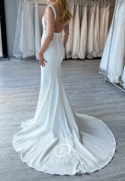Simple Spaghetti Straps Square Backless Mermaid Wedding Dress