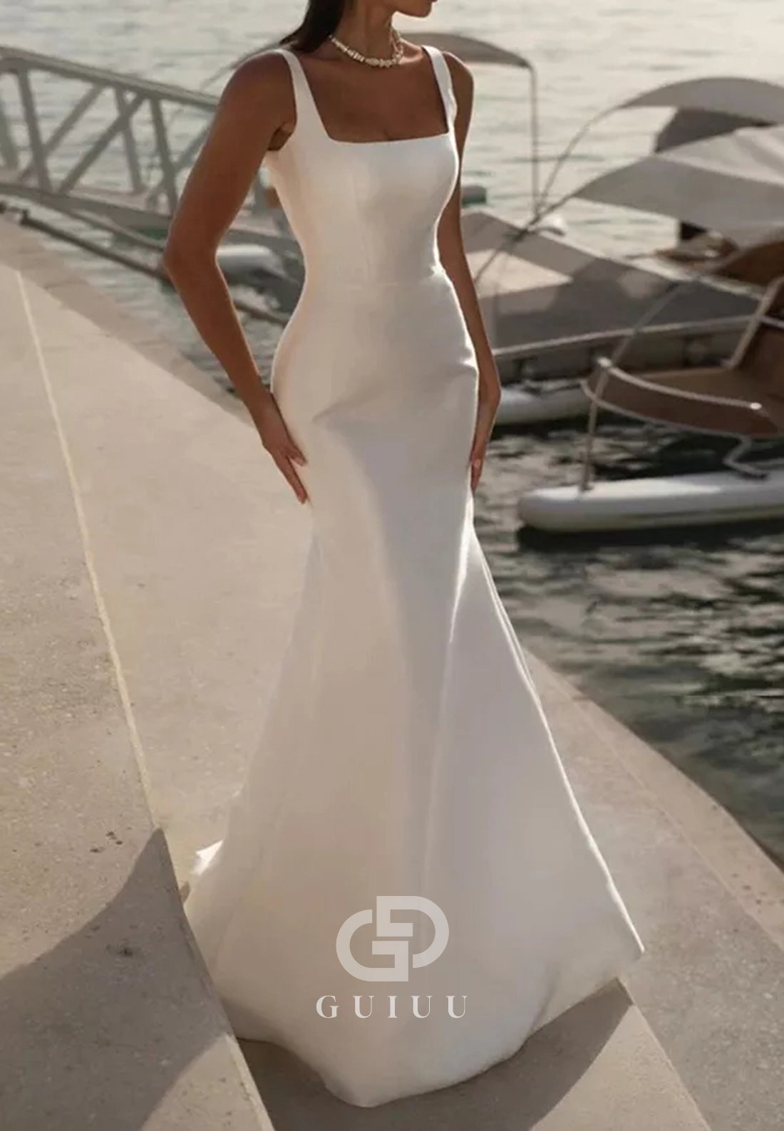 Simple Spaghetti Straps Square Sheath Wedding Dress