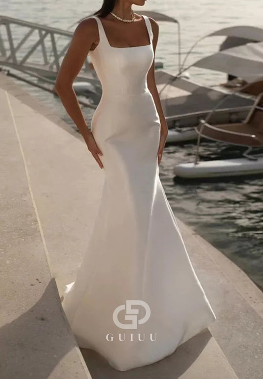 Simple Spaghetti Straps Square Sheath Wedding Dress