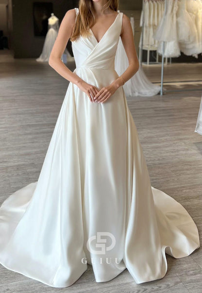 Simple Spaghetti Straps V-Neck A-Line Wedding Dress