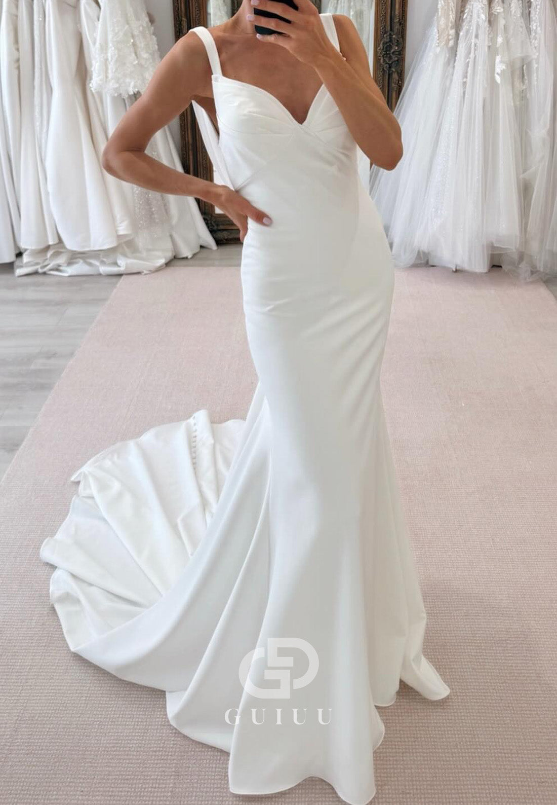 Simple Spaghetti Straps V-Neck Backless Wedding Dress