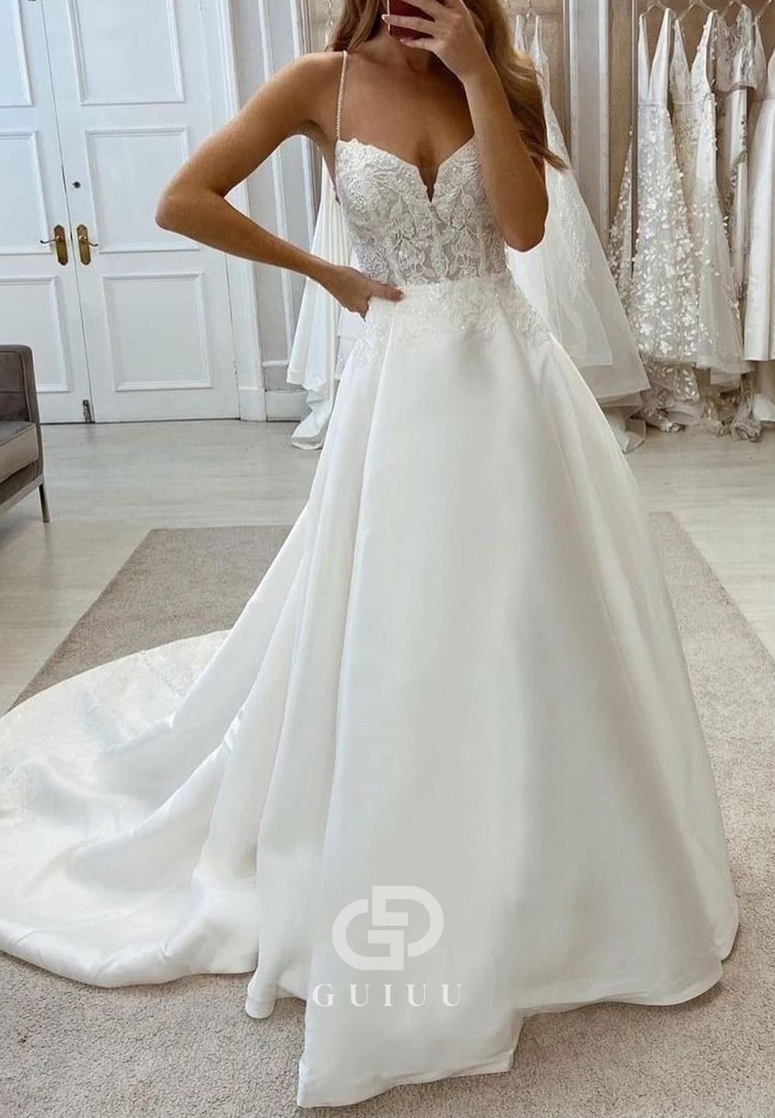 Simple Spaghetti Straps V-Neck Corset Tulle A-Line Wedding Dress