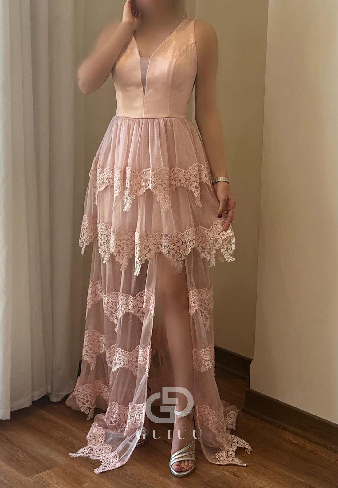 Simple Spaghetti Straps V-Neck Ruffles A-Line Prom Dress