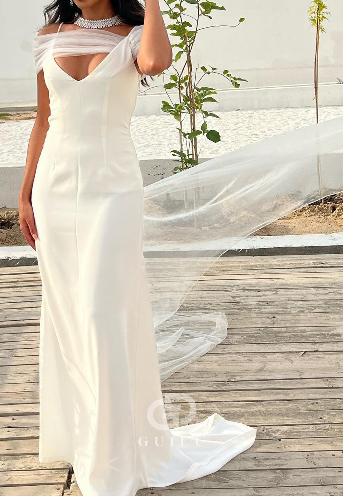Simple Spaghetti Straps V-Neck Slit Ruched Wedding Dress