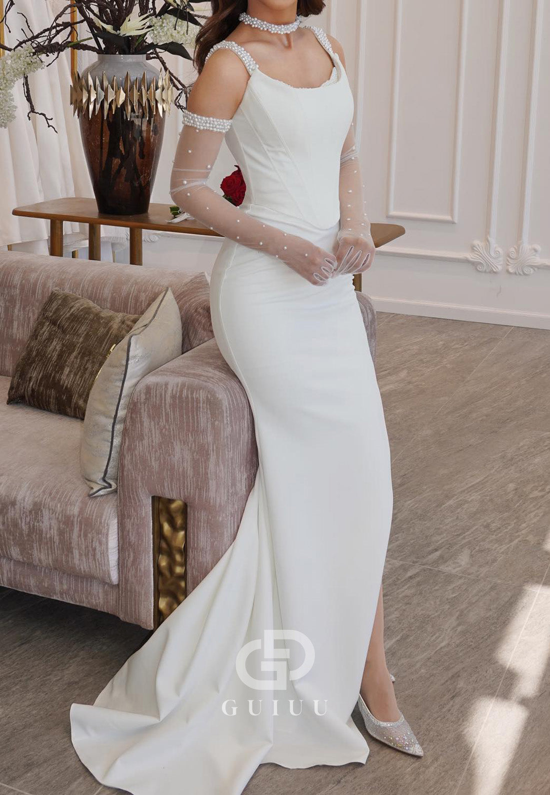 Simple Spaghettti Straps Scoop Ruched Sheath Wedding Dress