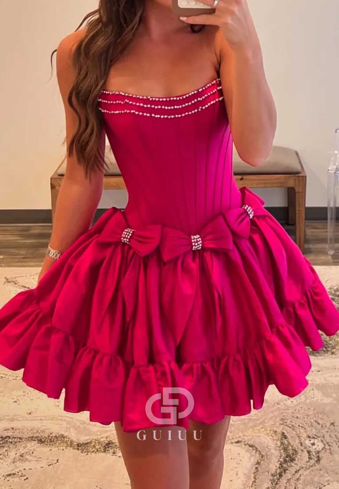 Simple Strapless Sleeveless Bowknot Homecoming Dress