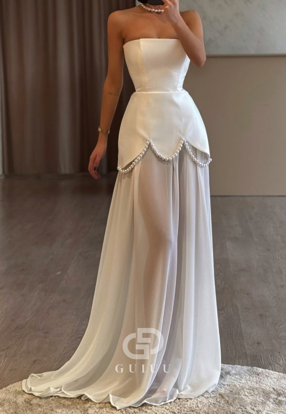 Simple Strapless Sleeveless Pearls Corset Evening Dress