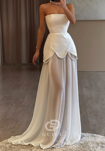 Simple Strapless Sleeveless Pearls Corset Evening Dress