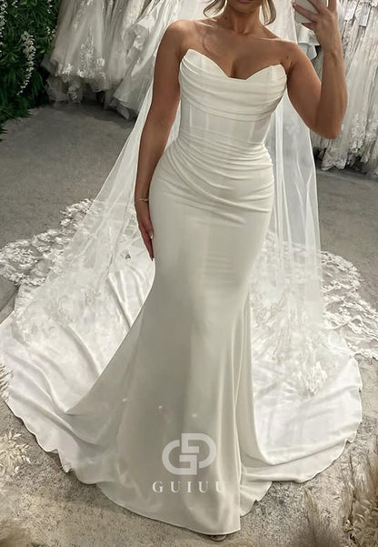 Simple Strapless Sleeveless Ruched Satin Wedding Dress