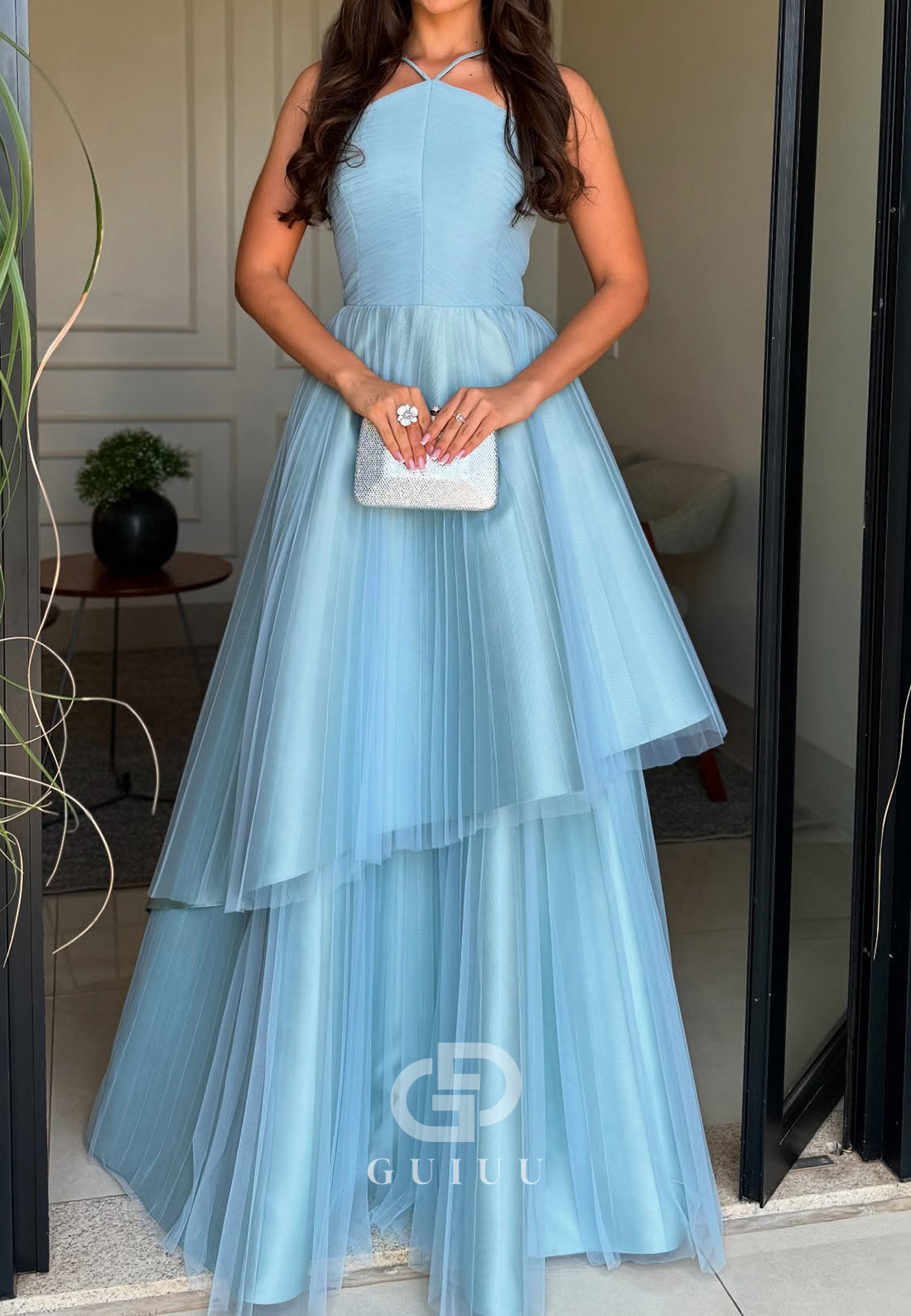 Sky Blue Halter Sleeveless Ruffles Satin Evening Dress